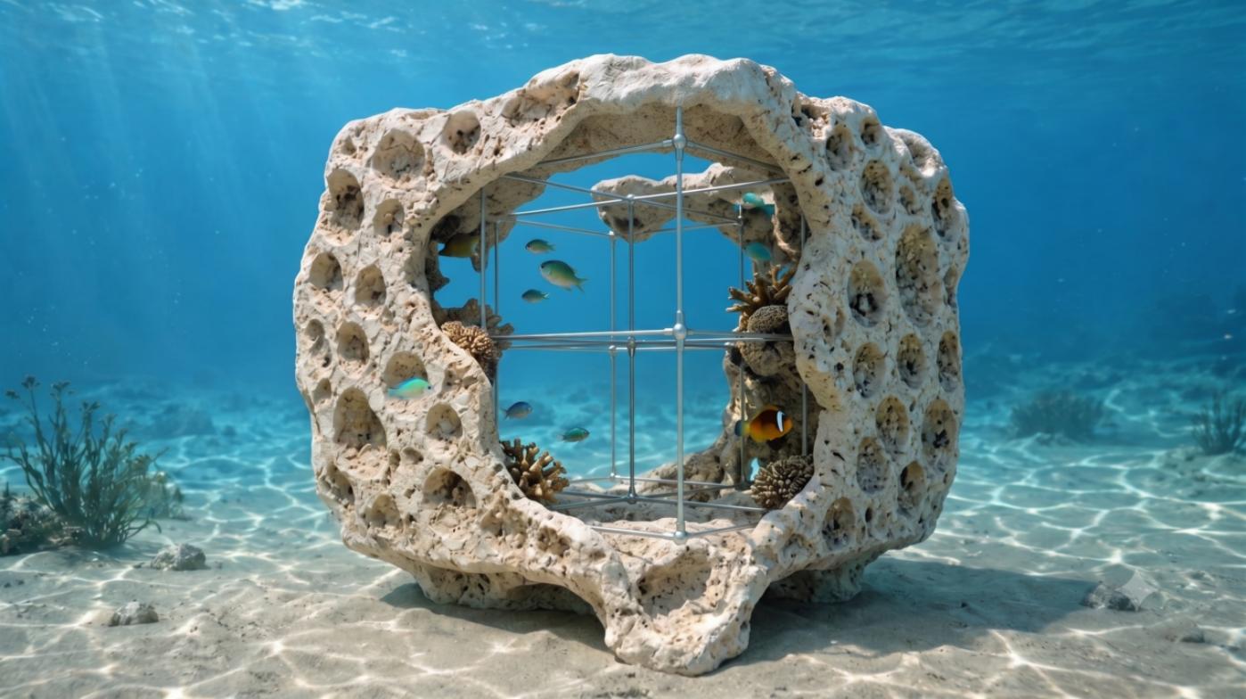 Render conceptual de un módulo con envolvente de conglomerado de concha marina, de geometría irregular con cavidades y alvéolos.