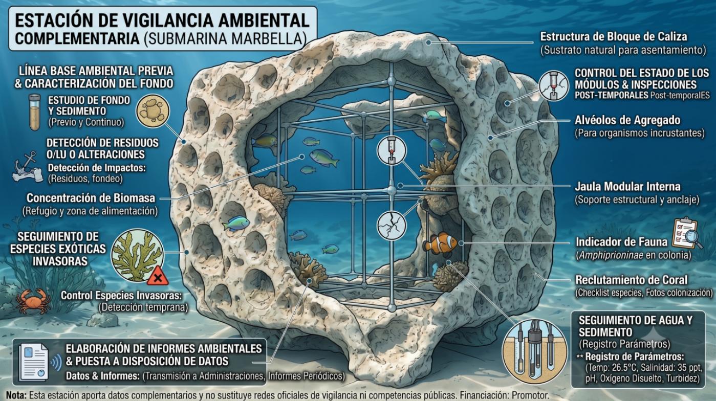 Infografía conceptual de la estación de vigilancia ambiental, con sus puntos de estudio de fondo, control de agua y sedimento, seguimiento de fauna y detección de especies invasoras.