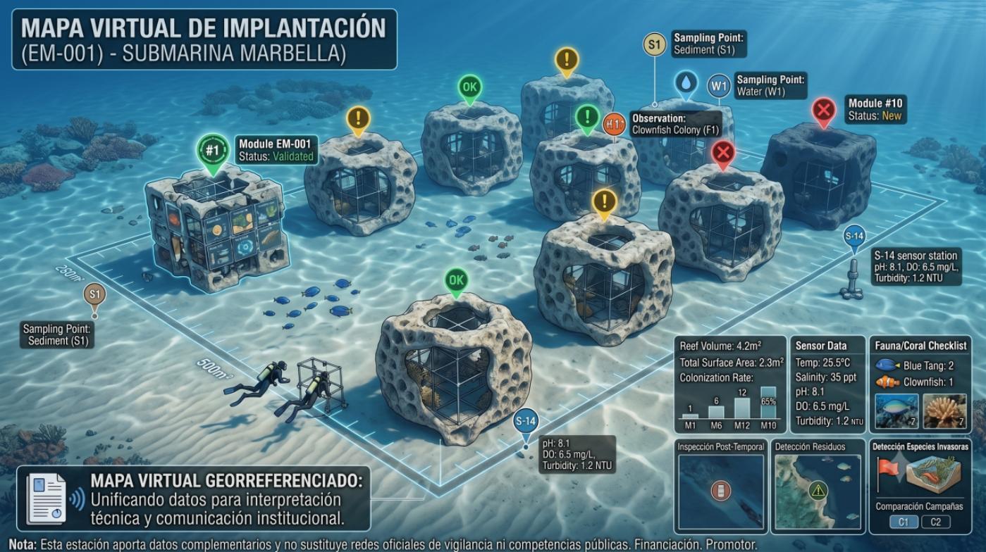 Infografía conceptual del mapa virtual de implantación, con estado de cada módulo, puntos de muestreo de agua y sedimento, lecturas de sensores y checklist de fauna.
